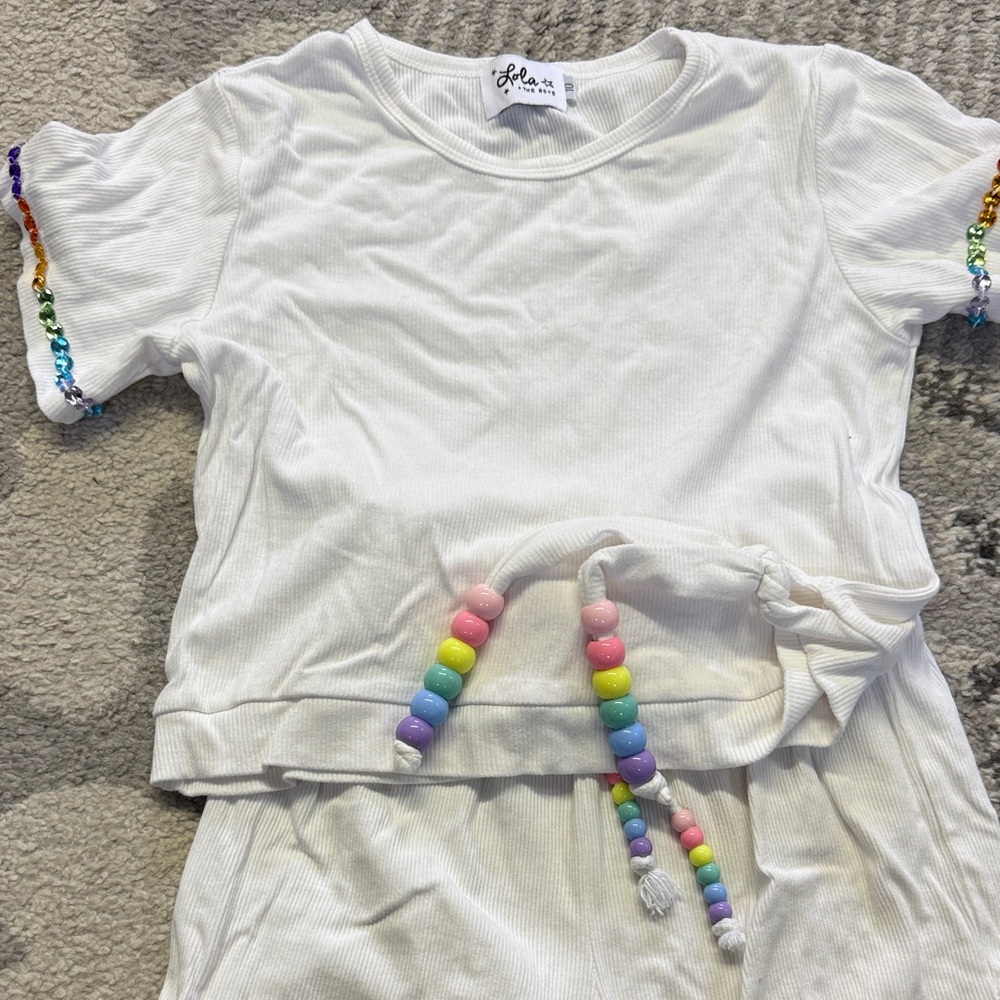 Lola + The Boys White Tee with Rainbow Beads
